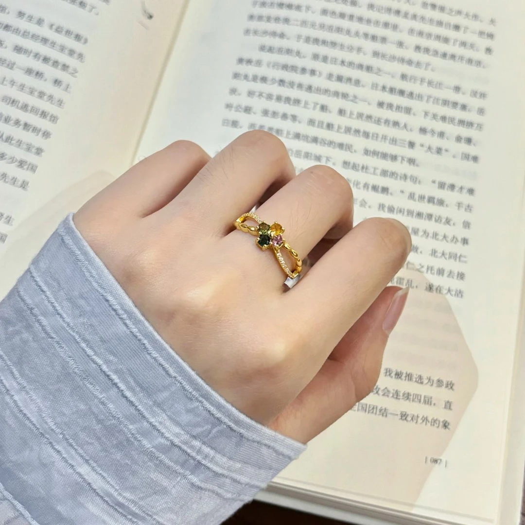 【绿福珠缘】S925银天然碧玺戒子女甜美时尚玫花瓣太阳花七彩色戒指