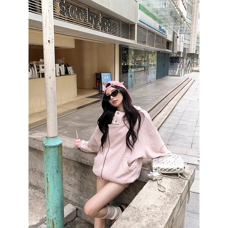 【清70895】气质慵懒连帽长袖卫衣外套拉链开衫上衣