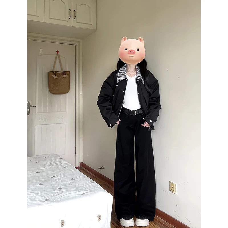 2024新款秋冬女士气质高级感翻领拉链夹克长袖外套高腰宽松阔腿裤