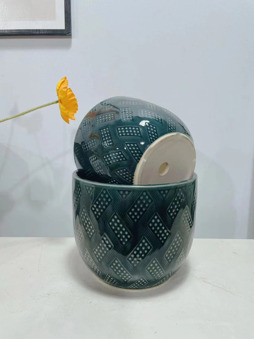 绿色陶瓷冰裂釉面花盆组合（大+小各一）