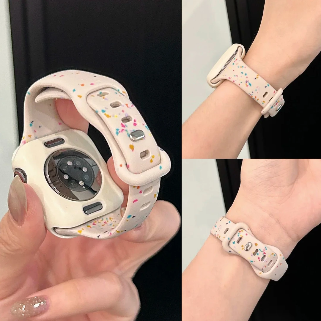 适用苹果手表S10小蛮腰彩点蝴蝶扣硅胶表带applewatchiwatch表带