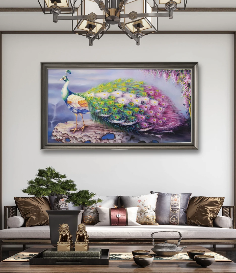 蔷薇油画 手绘油画孔雀 客厅挂画