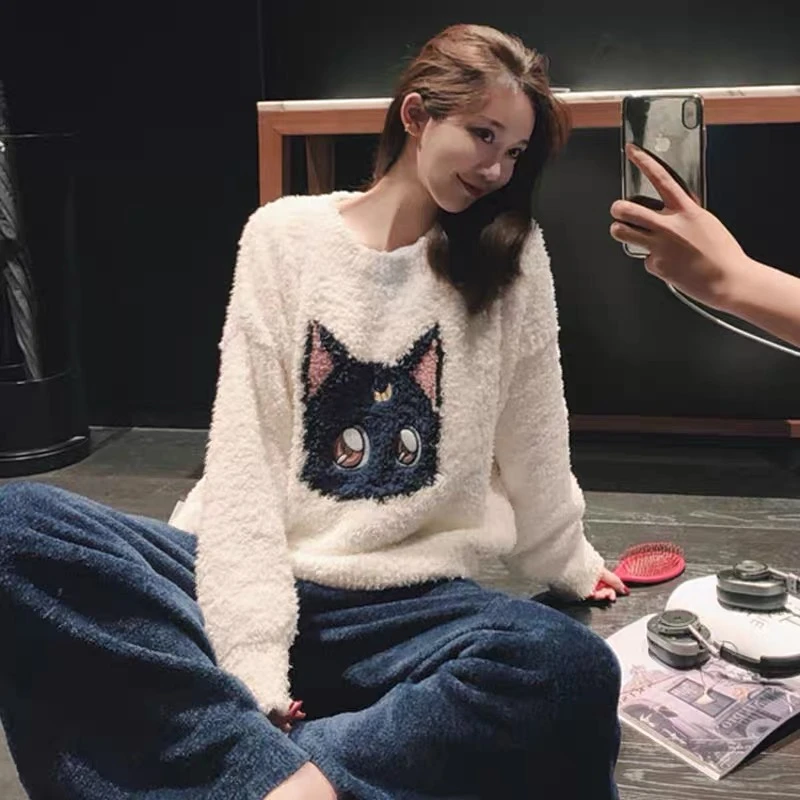 【秀秀家】冬季上新《月亮猫》绒款设计加绒长袖长裤睡衣家居服套装