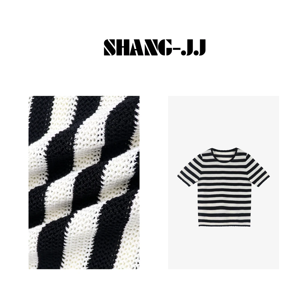 SHANG-JJ【黑白空间】24新款条纹舒适感百搭显瘦夏季短袖q131107p
