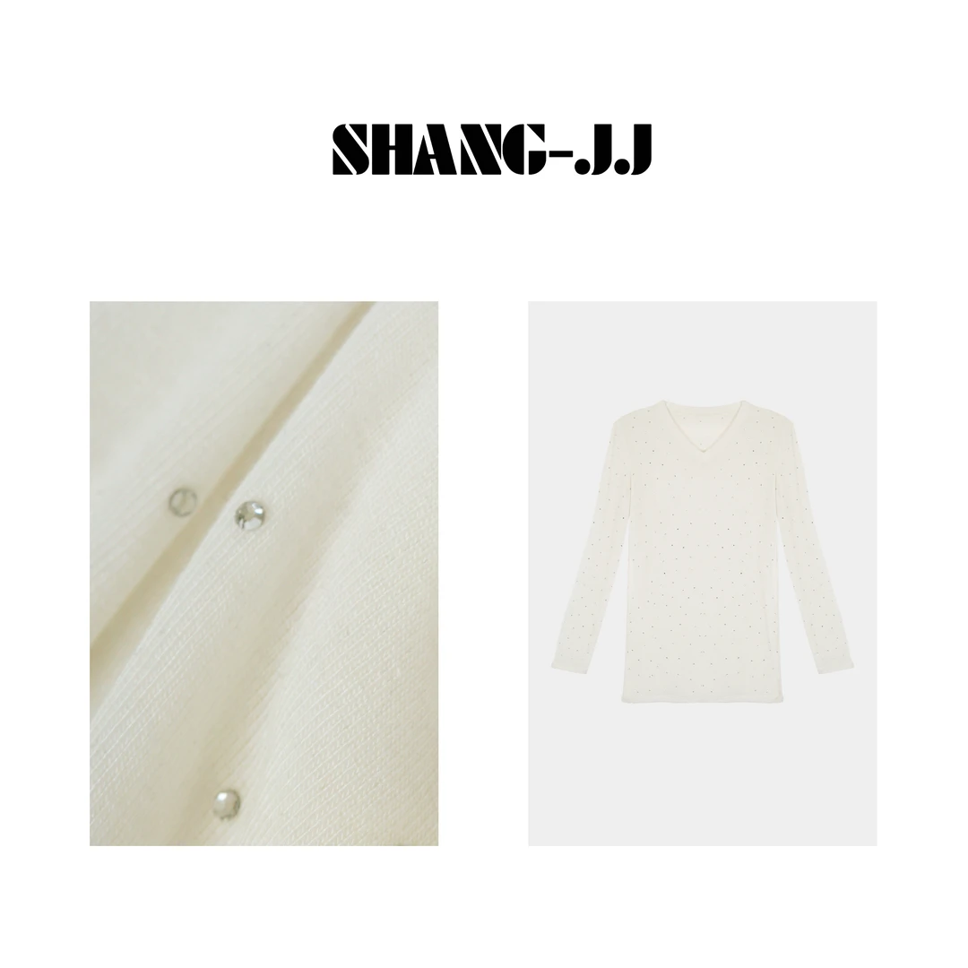 【暗夜星晨】重工烫钻新款春秋V领百搭显瘦黑色T恤q130585p