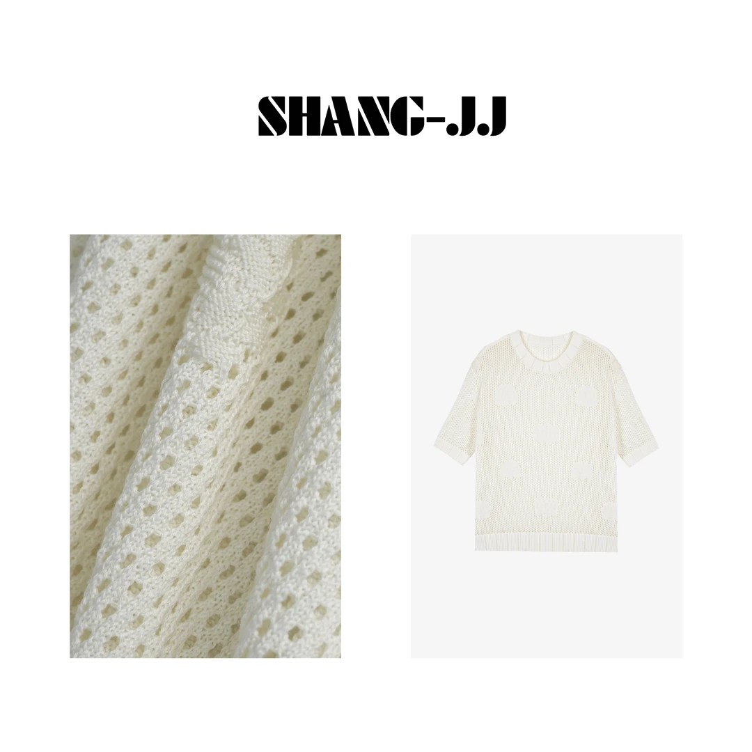 SHANG-JJ【镂空山茶花】24夏季高定高密提花镂空T恤q130697p