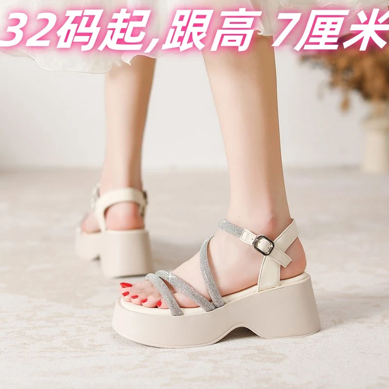 厚底凉鞋女夏季2024新款爆款小个子增高坡跟松糕女士罗马凉鞋外穿