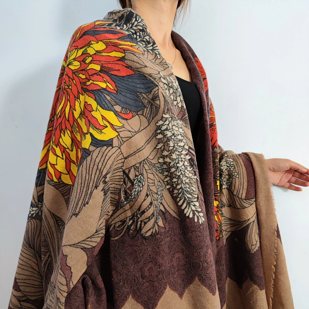 太阳花 菩提花 100分羊毛水煮印花时尚保暖通用外搭春秋长款百搭