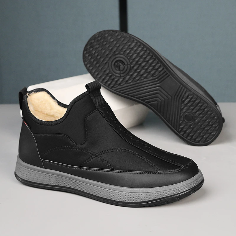 冬季时尚懒人一脚蹬皮靴防滑耐磨休闲加绒加厚雪地靴男士中老年