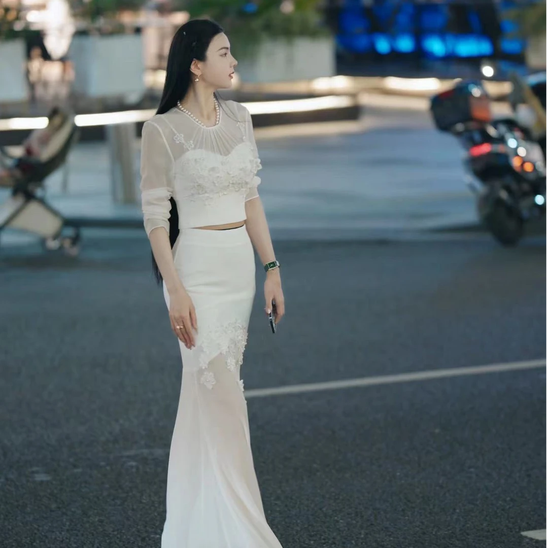 魏元高定/月下惊鸿影真丝拼纱花朵透视套装-0781