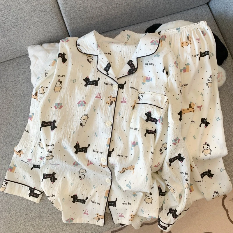 长袖睡衣女春秋季印花小狗卡通薄款云朵棉翻领大码宽松家居两件套