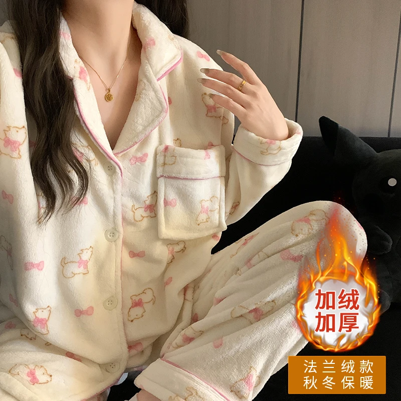 【法兰绒】甜美风少女冬季睡衣女加绒加厚保暖卡通小白家居服可外穿