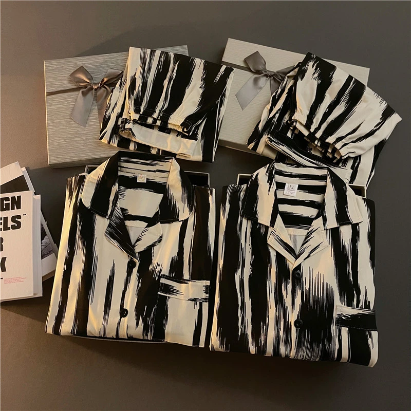 日系韩版情侣睡衣女春秋季条纹长袖两件套大码男士宽松家居服套装