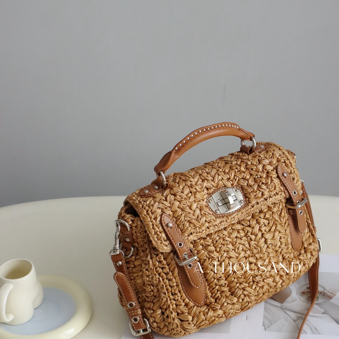 95新 MIU MIU/缪缪 奶茶色拉菲草编织托特单肩包