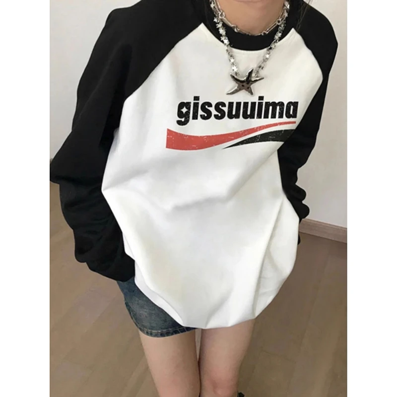 纯棉插肩长袖t恤女打底衫2024早秋新款宽松慵懒休闲撞色印花上衣