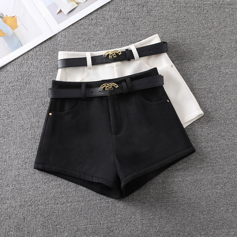 【2389】简约高腰辣妹毛呢短裤女秋冬新款韩版修身显瘦气质阔腿靴裤