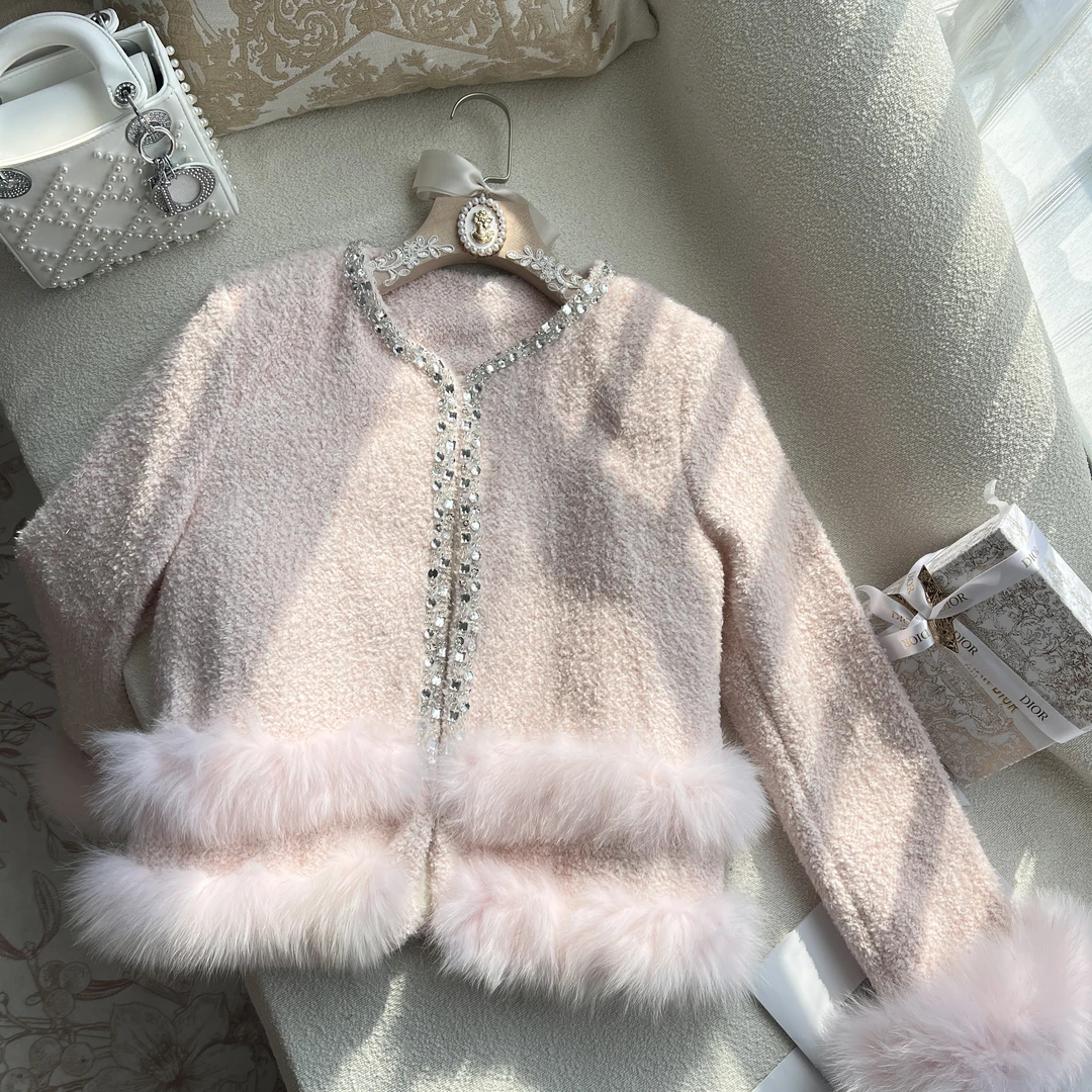 【现货秒发】【粉日】时尚小香风外套粉色毛毛加厚高级感外套女毛绒