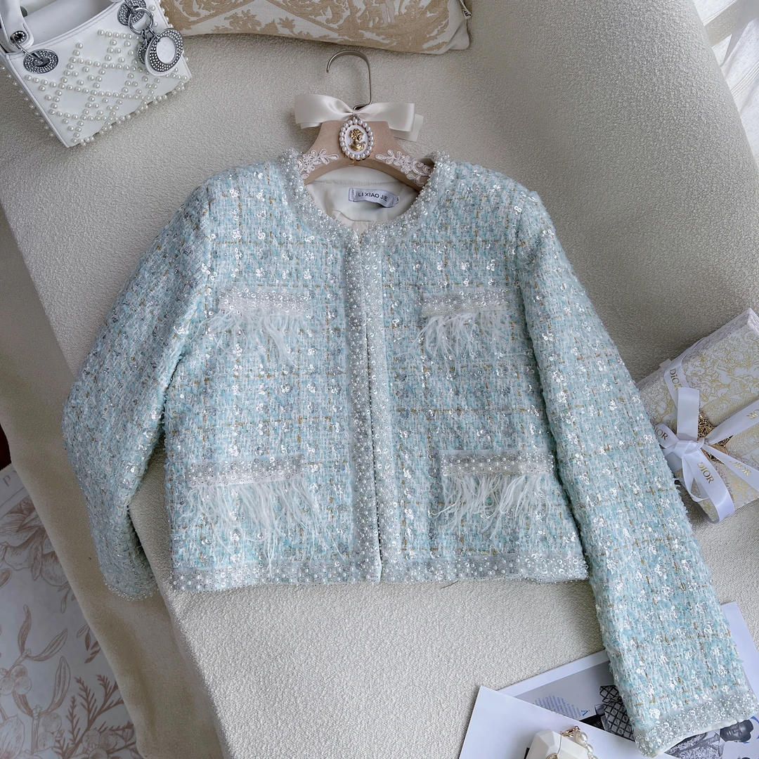 2024秋冬新款【青纱】蓝色重工法式名媛重工珠片小香风加厚内胆外套