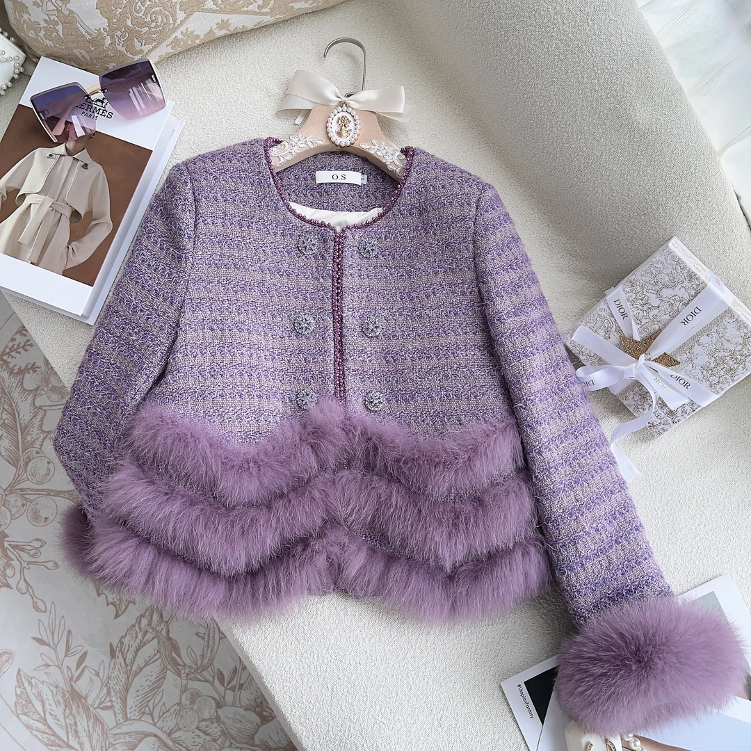 2024秋冬款【颜茉】羽羽加厚轻奢女装毛毛拼接短款毛呢香香外套