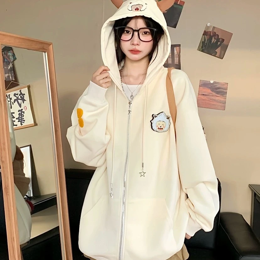 懒洋洋刺绣开衫连帽卫衣女学生秋冬新款宽松慵懒风拉链魔术贴外套