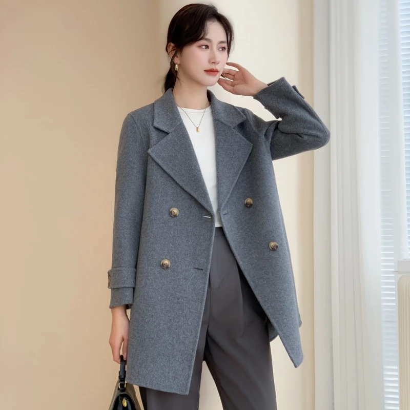 2306中长- 新款双面手缝纯羊毛大衣 西装领 显瘦双排扣
