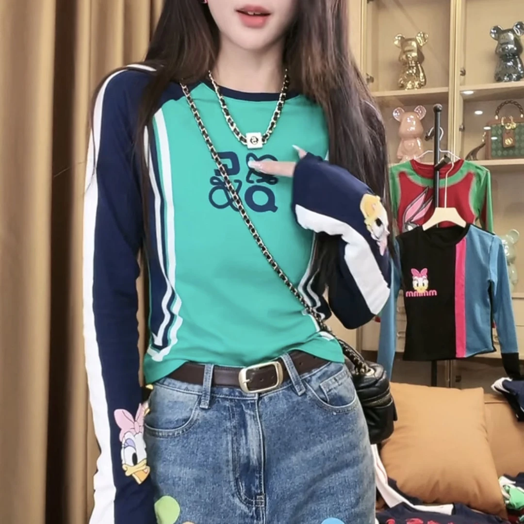 时尚美式复古撞色拼接印花长袖t恤2024秋季新款修身显瘦打底上衣