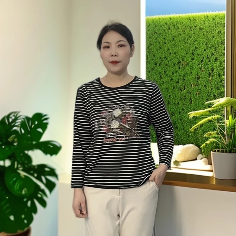 2024秋冬简约时尚百搭重工刺绣经典条纹长袖女士棉恤8738-1