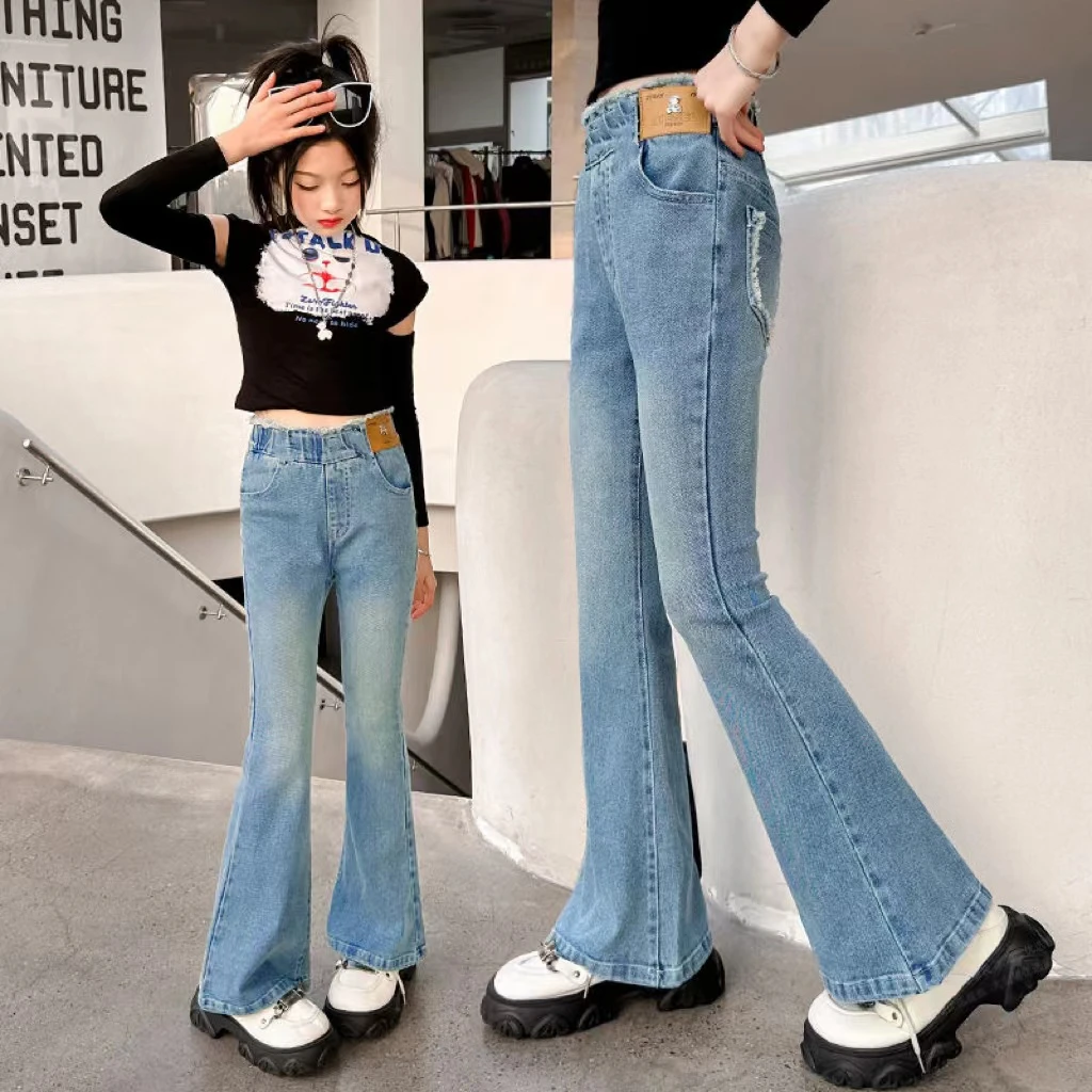 女童春装牛仔喇叭裤2024新款洋气时髦长裤中大儿童春秋弹力裤子潮