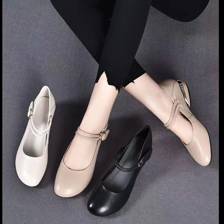 2024春夏软皮圆头单鞋女士浅口百搭低跟圆头小皮鞋软皮软底妈妈鞋