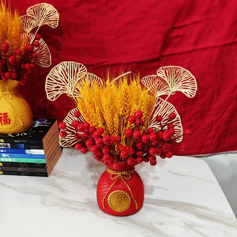 乔迁结婚金麦穗福袋花瓶大仿真红果摆件家居客厅过年乔迁开业大卖