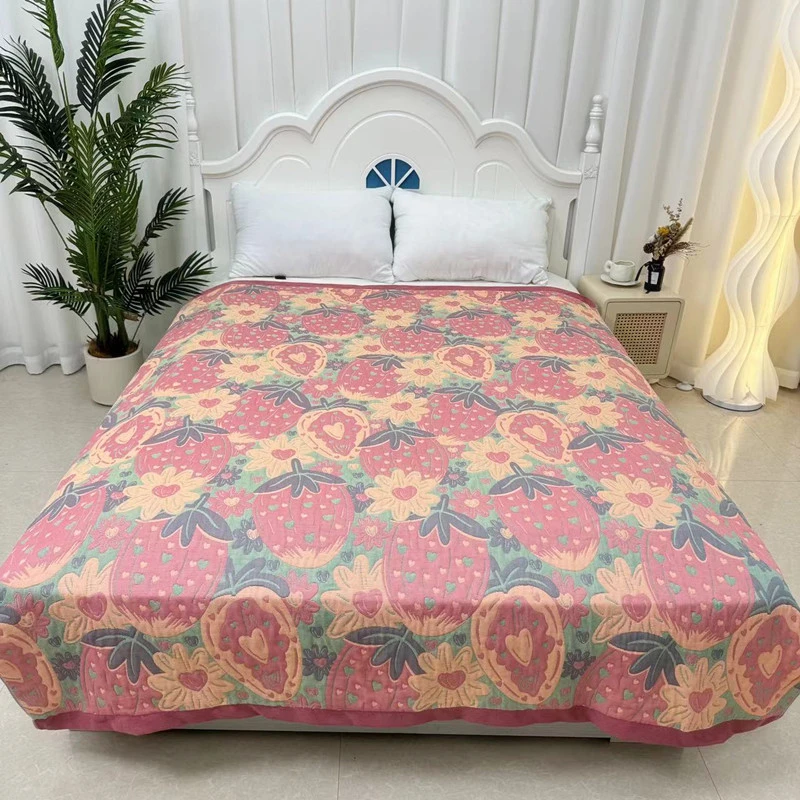 【床盖 草莓园 粉色】1.5x2米 多层纱布单人四季多功能床盖毯