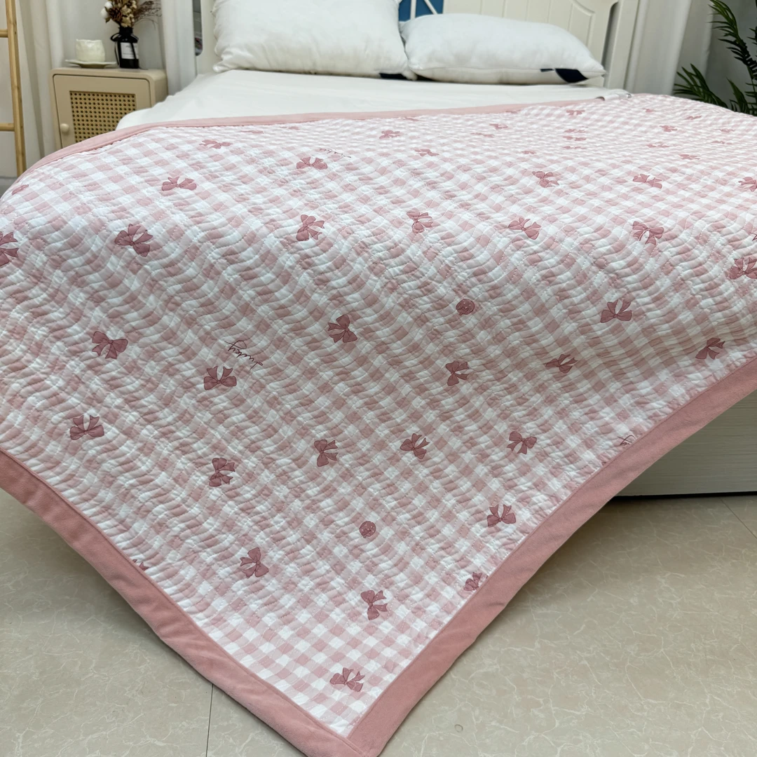 【格子蝴蝶结 粉色 加绒床盖 】90x220厘米 双面绗缝加厚四季床盖