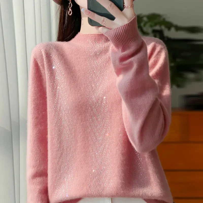 温婉时髦气质~V字烫钻100%纯羊毛衫半高领温柔高端又显瘦套头衫女