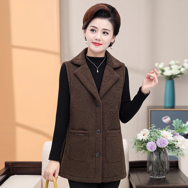 妈妈秋冬装马夹外套中长款中老年颗粒绒西装马甲大码背心坎肩