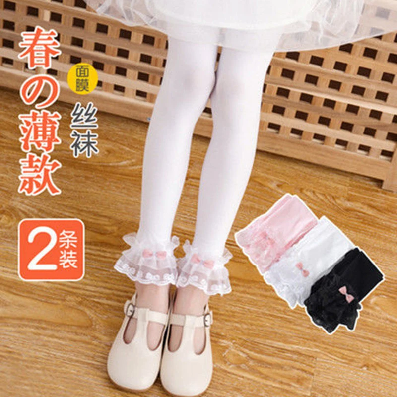 夏季儿童裤袜不连脚薄款宝宝丝袜打底裤九分花边女童白色舞蹈袜薄