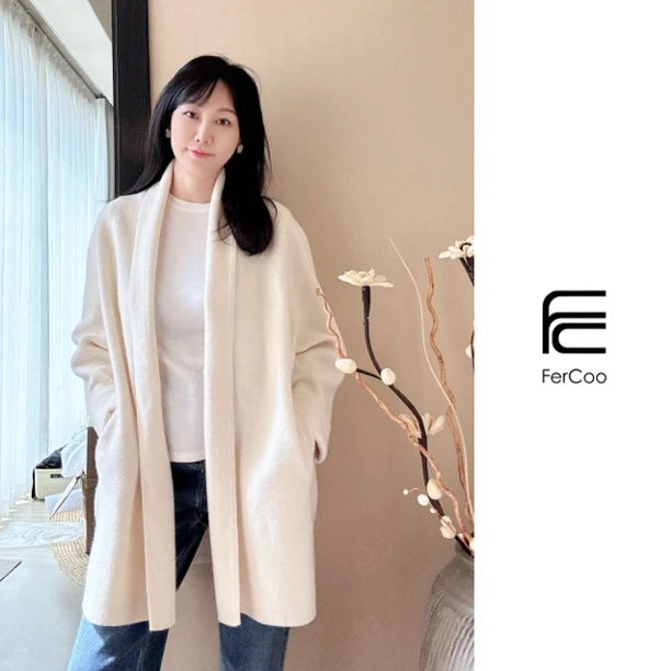FERCOO“女王气场”精纺1030g重磅山羊绒四平针茧型长款针织女大衣