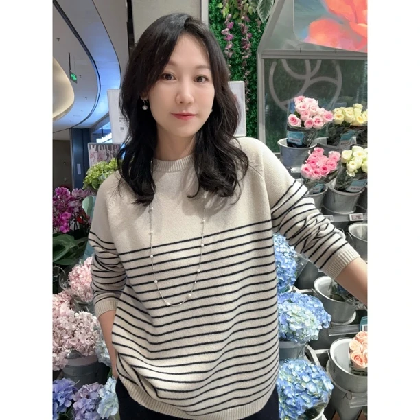 FERCOO“北欧减龄”秋冬时尚圆领羊绒混纺长袖条纹针织套头衫百搭