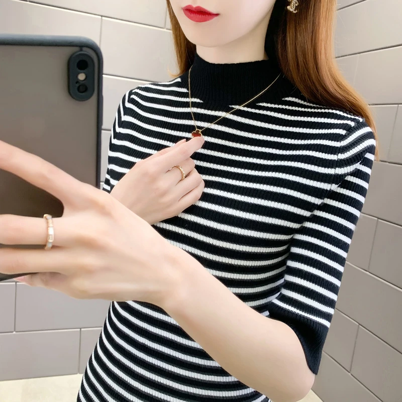 2025春季新款修身黑白条纹丝光棉针织衫女五分中袖半高领打底上衣