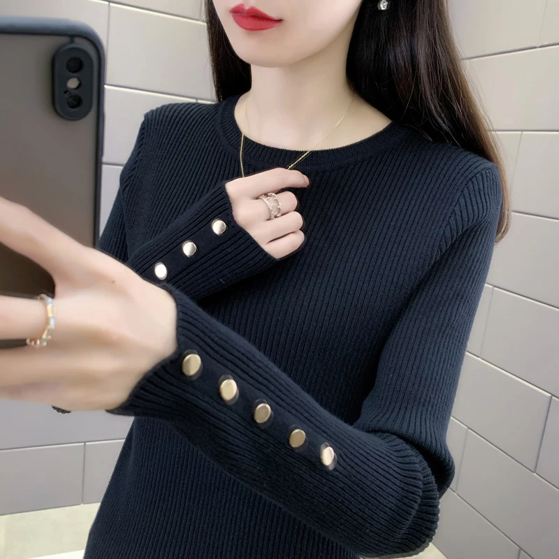 女士圆领毛衣纯色套头百搭打底线衫2025秋冬新款洋气针织衫上长袖