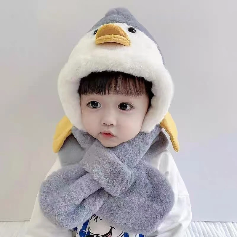 秋冬季小鸭子帽子宝宝可爱围巾一体保暖秋冬季男童女宝针织卡通