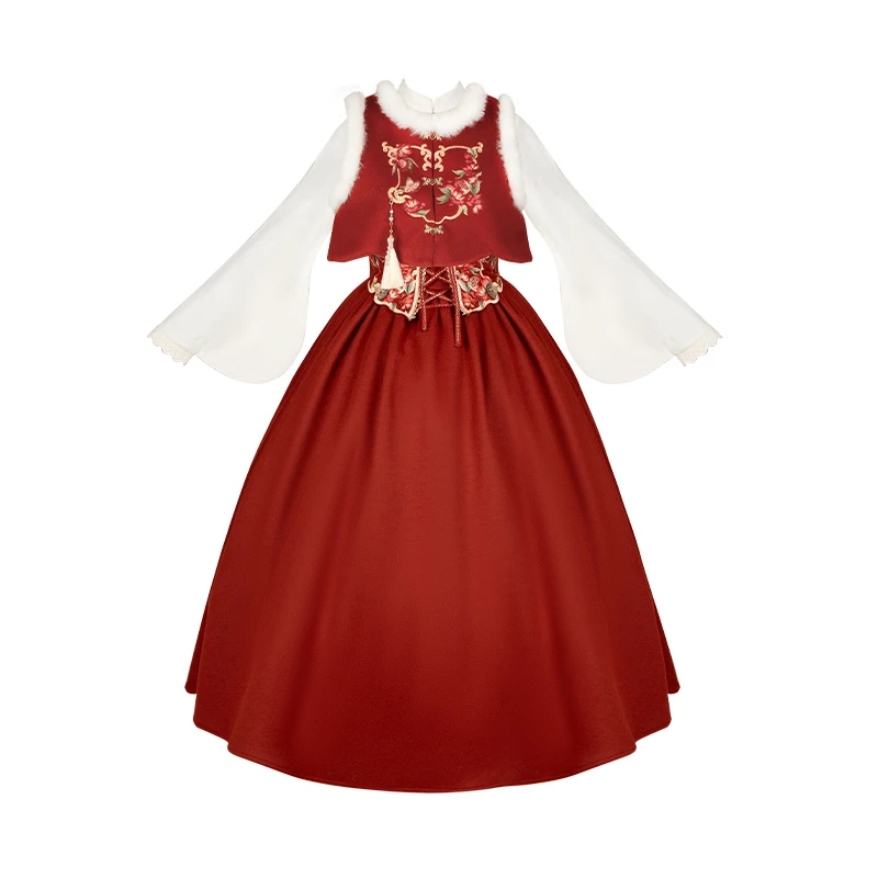 【如愿单件】withpuji原创设计新年款秋冬季连衣裙中国风红色lolita