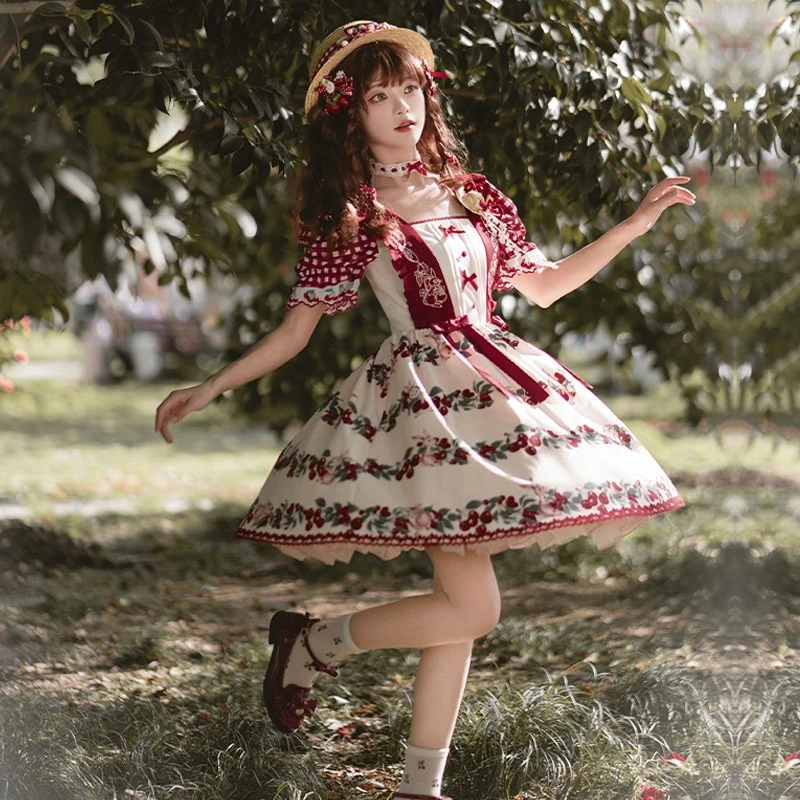 【仲夏果园 op】withpuji原创设计田园风樱桃小兔印花裙夏lolita