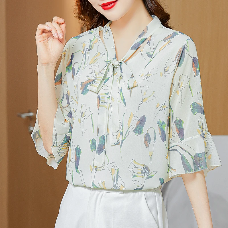 雪纺衫女装夏装2023新款碎花甜美宽松超仙大码雪纺遮肚女洋气小衫