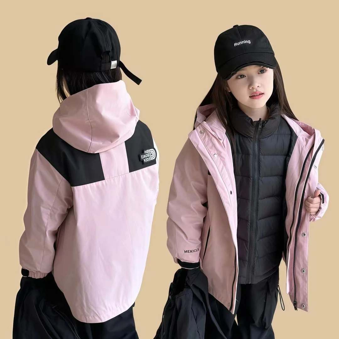 儿童羽绒服户外三防冲锋衣2024冬季新品男女童可拆卸三合一外套潮