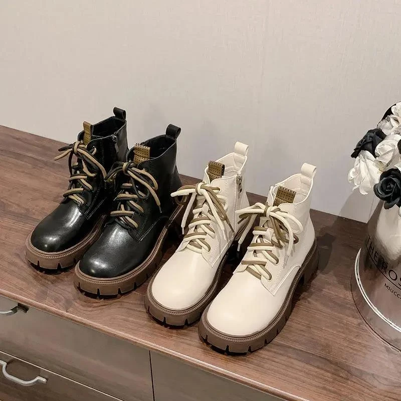 厚底马丁靴女加绒2023秋冬季新款真皮单靴圆头软底休闲英伦风短靴
