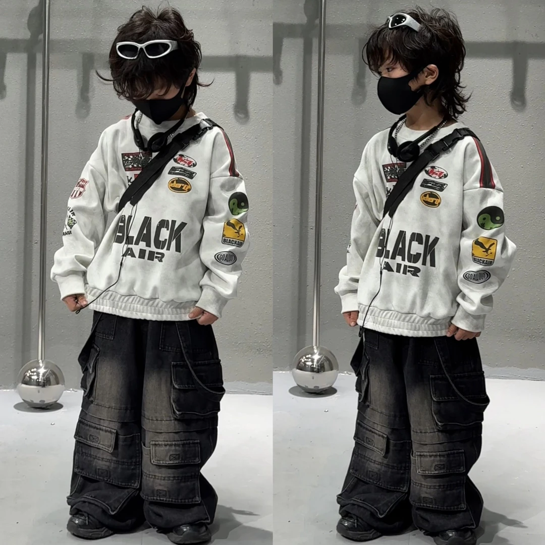 乐乐家儿童美式高街圆领卫衣秋款痞帅机车潮牌嘻哈涂鸦上衣