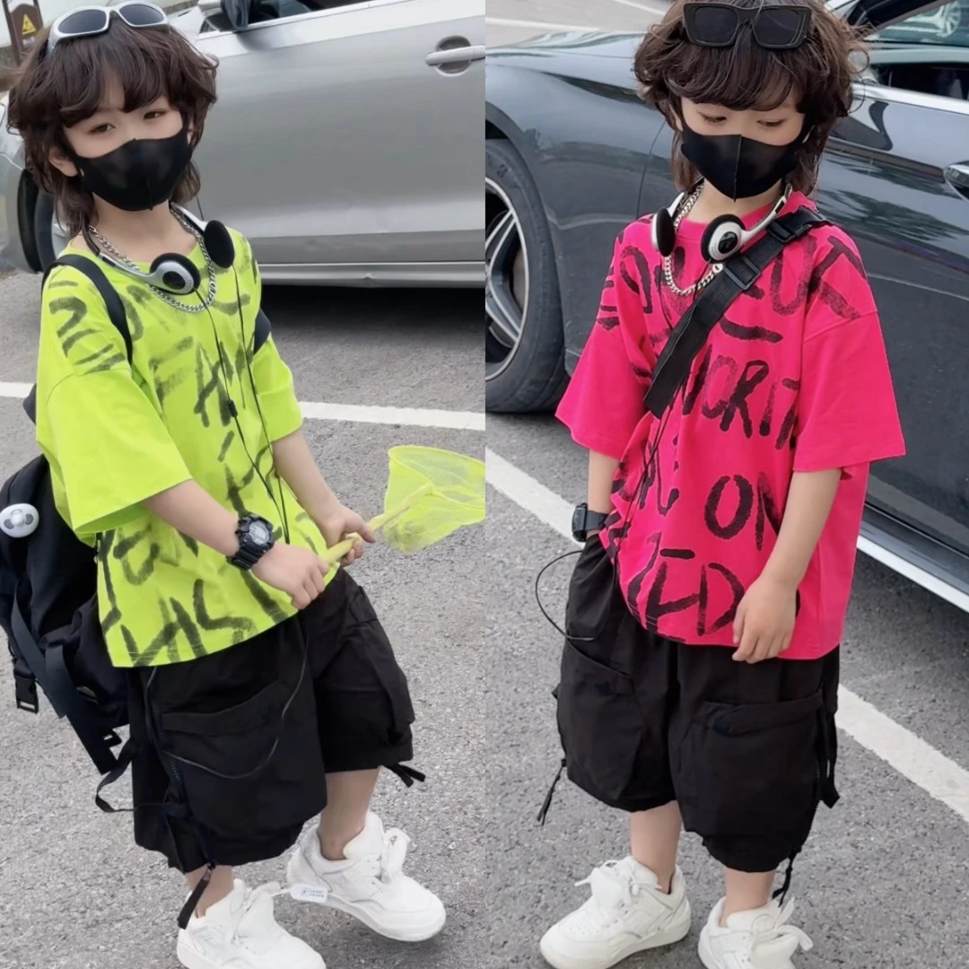 儿童棉质短袖烟雾英文印花半袖夏季帅气时尚上衣中大童工装机能