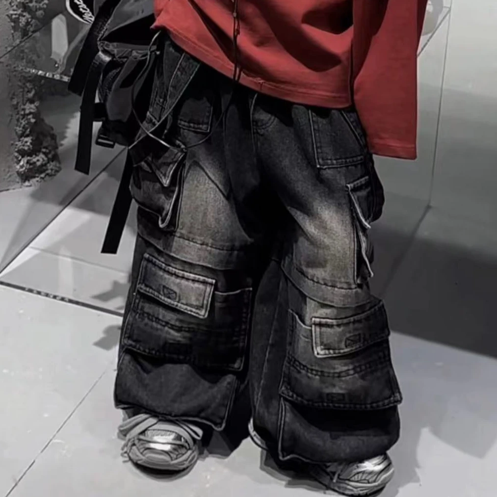 三乐乐家儿童秋款阔腿水洗黑牛仔裤RO风格工装版型中大童男女孩