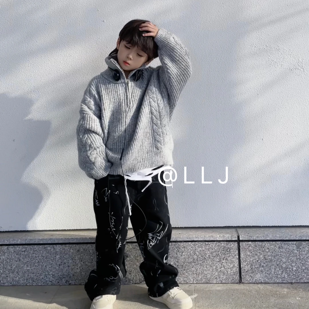 三乐乐家儿童冬款新款毛衣针织毛线男孩女孩拉链领口可立可翻上衣