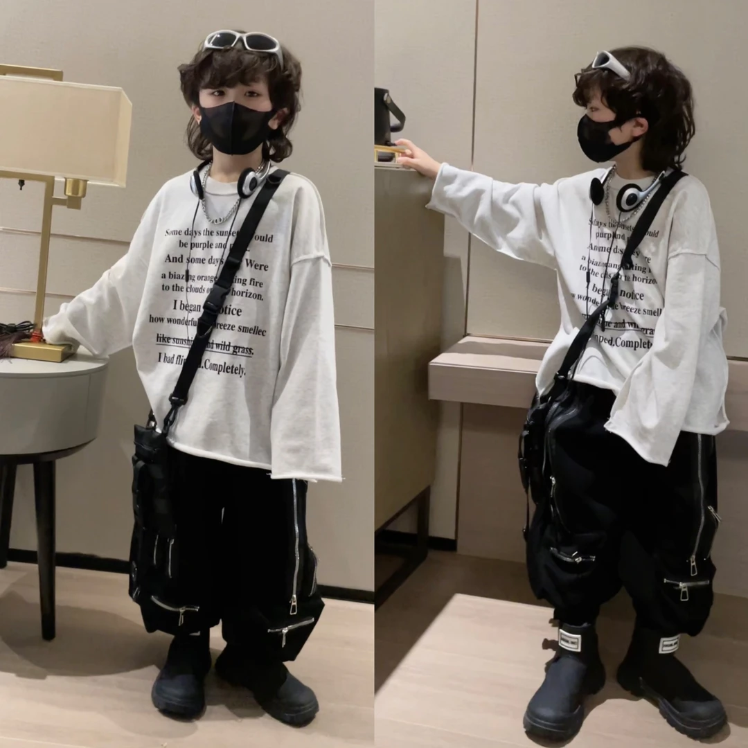 乐乐家儿童春秋上新花灰毛边印花字母韩系宽松长袖打底休闲长T